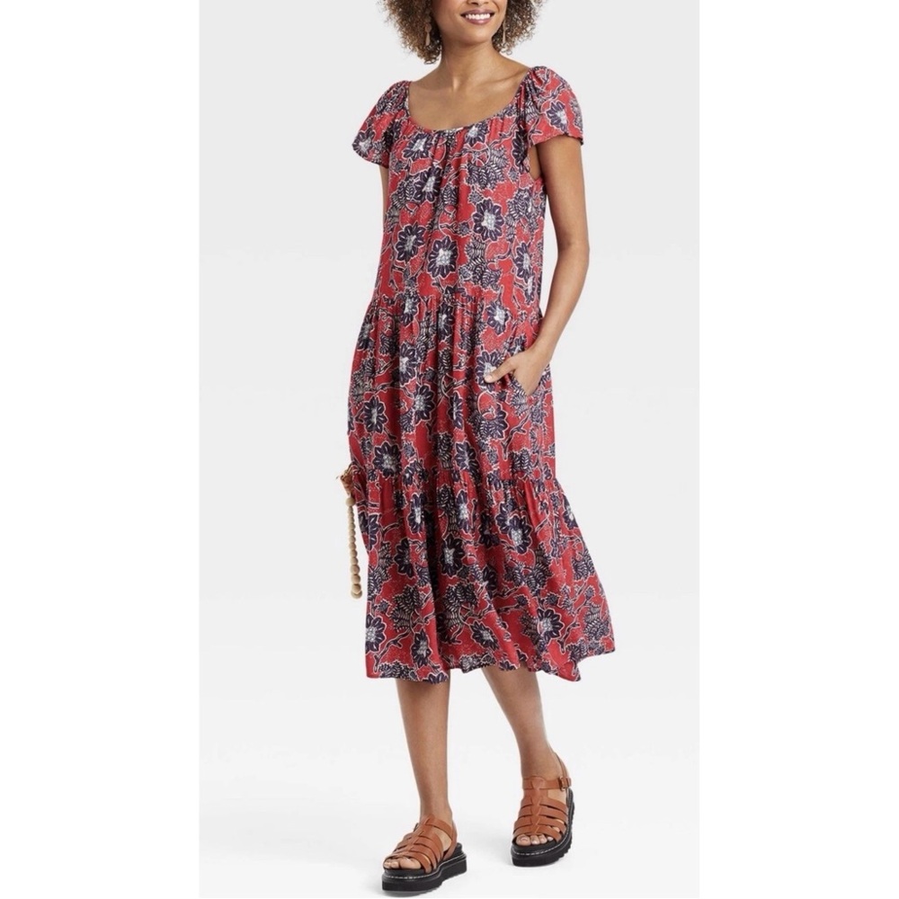 KNOX ROSE Red Blue Rebel Floral Boho Flutter Sleeve Tiered Midi Dress Plus XXL